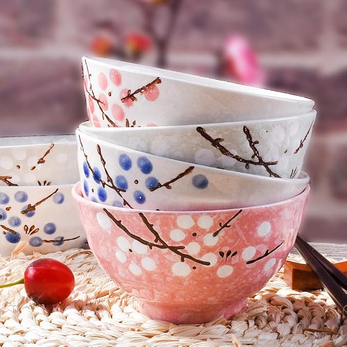 Japanese Rice Bowl Set of 4 Asian Style Hand-painted Floral Plum Ceramic Bowls - Image 4