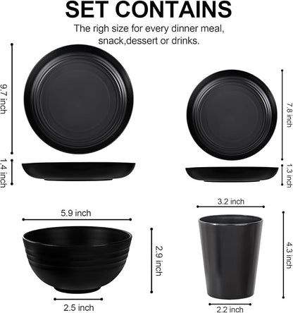 LIYH 24 Pcs Black Wheat Straw Dinnerware Sets, Unbreakable Plates and Bowls Set Plastic Dinnerware Set Include Wheat Straw Plates, Bowls, Cups, Dishes for Kitchen& Camping
