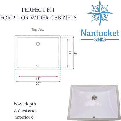 Nantucket Sinks Undermount Bathroom Sink – 18" x 13" Interior Rectangular Bowl, Ceramic Bath Sink for Vanity, w Overflow, High Gloss White Vitreous China, Scratch & Stain Resistant – UM-18x13-W