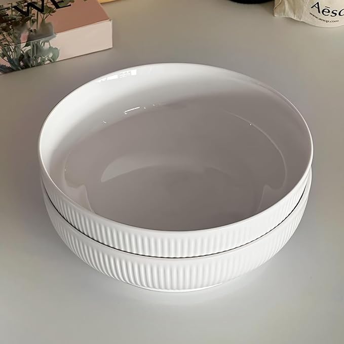 Set of 2 Serving Bowls- 9inch Extra Large Salad Bowls -Porcelain White Serving - Image 7