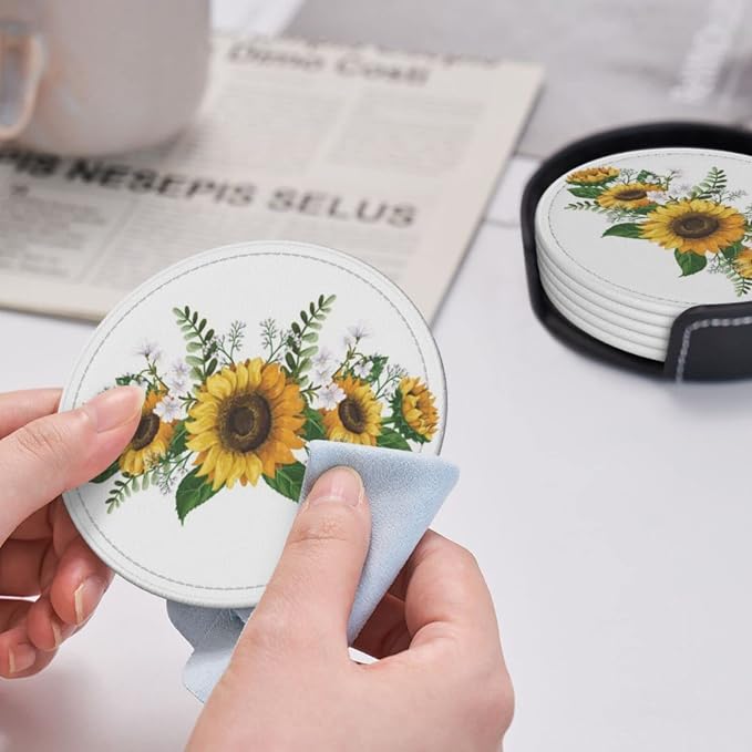 6 Pcs Sunflower Floral Leather Coasters - Image 6