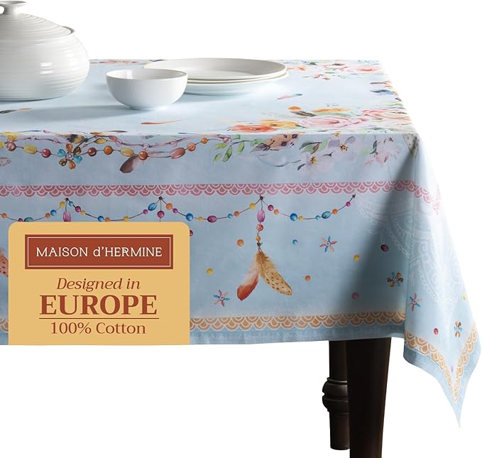 Maison d' Hermine Table Cloth Rectangle Table 100% Cotton 60 x 108 Inches Tablecloth Reusable Decorative for Dining Room Farmhouse Home Valentines Day Decorations Spring Summer - Ibiza - Blue