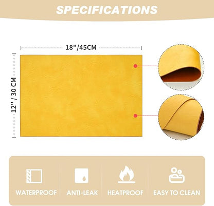 Artoid Mode Yellow Faux Leather Placemats Set of 6, 12x18 Inch Waterproof Wipeable Heat Resistant Vinyl Place Mats, Reversible Table Mats for Summer Kitchen Dining Decor