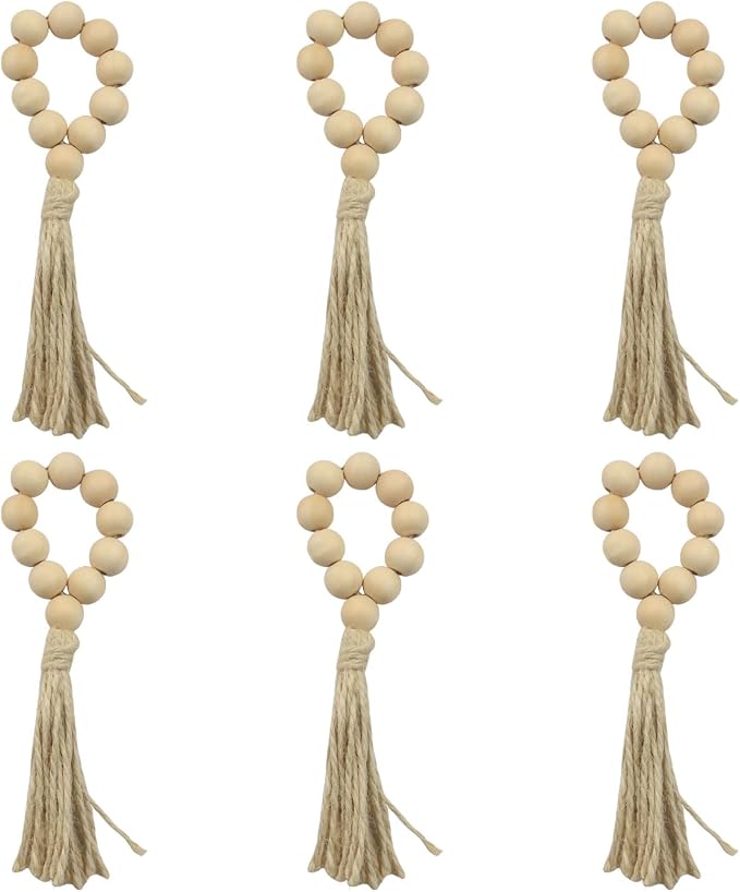 Wood Bead Napkin Rings with Tassel, Boho Party Decor, Jute Farmhouse Decor - Image 6