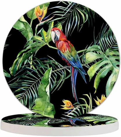 Scarlet Macaw Parrot Coaster for Drinks Individual Tropical Jungle Bird Animal Leaf Floral Botanical Palm Tree Presents for Housewarming Birthday and Family 100% Diatomite 4''X 4'',2 Pack