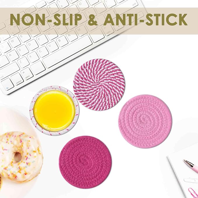 Drink Coasters 8 Pack with Holder, 4-Color Cotton Woven Absorbent Coasters Set - Image 5