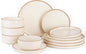 Famiware Nebula Plates and Bowls Sets for 4, 12 Pieces Stoneware Dinnerware Set, Microwave and Dishwasher Safe Dishes Set, Vanilla White with Brown Rim