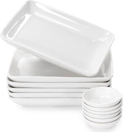 8 Inch Appetizer Plates Set with Dipping Cups for Serving, Desserts, Salads – Chip-Resistant, Porcelain, Rectangular Dinner Plates – Free of Plastic & Lead – 6 Small, White Dinner Plates & Cups