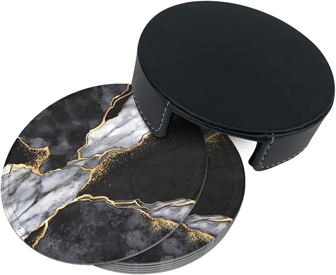 6 Pcs Black White Gray and Gold Marble Leather Coasters - Image 5