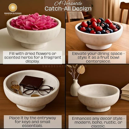 SWADESHI BLESSINGS Handcrafted Marble Fruit Bowl for Kitchen Counter, Large Decorative Bowl for Home Decor, Key Bowl for Entryway Table, Marble Pedestal Bowl for Dining Table Centerpiece Decor, 10.5”