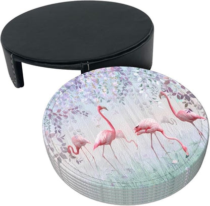 6 Pcs Pink Cute Flamingo Modern Art Boho Leather Coasters - Image 3