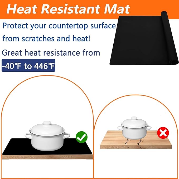 Extra Large Silicone Mat for Kitchen Counter, 72''x16'' Silicone Mats, Non-Slip Heat Resistant Countertop Protector, Waterproof Kitchen Island Mat, Black