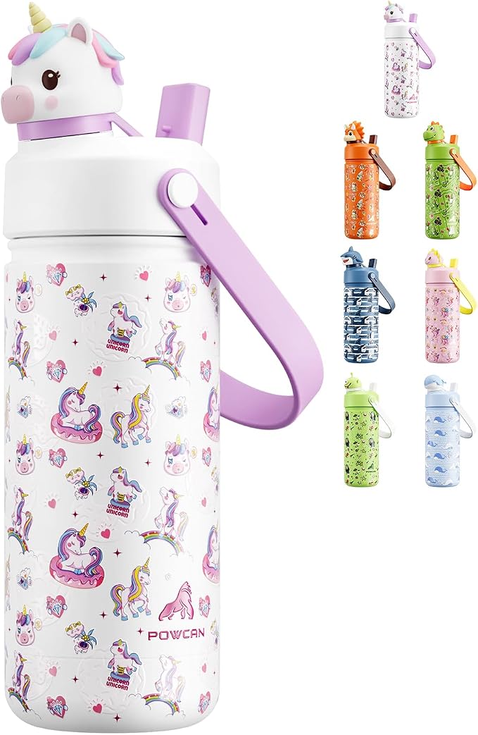POWCAN Kids Water Bottle for School: 2-in-1 Straw Spout Lid by POWCAN