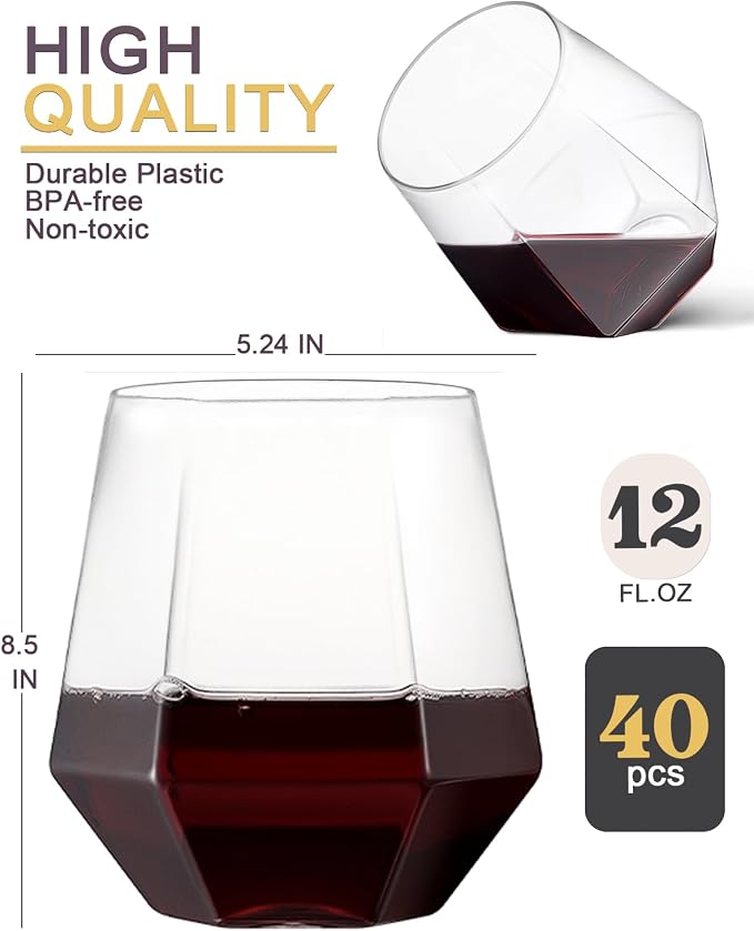 40 Pack Plastic Wine Glasses, 12 Oz Disposable Cocktail Whiskey Glasses | Clear - Image 6