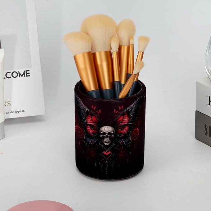 Leather Pen Holder for Desk, Skull Butterfly Pencil Cup Pen Organizer Makeup - Image 6