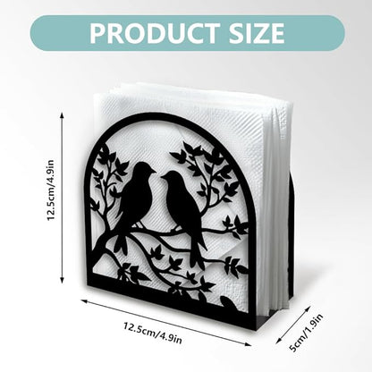 Birds on Branch Decorative Black Metal Napkin Holder for Table, 4.9" x 4.9" x 1.9" Standing Napkin Holder for Home Kitchen Restaurant Picnic Party Coffee Bar Dining Room