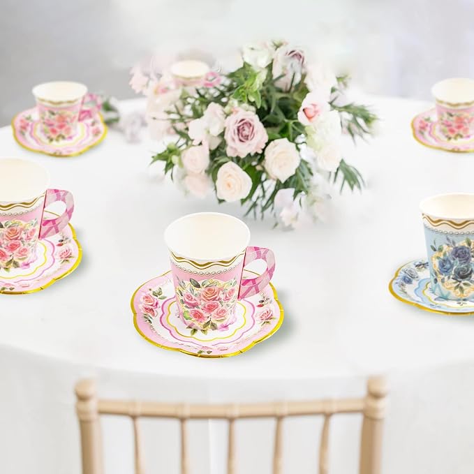 WorldBazaar Floral Tea Party Dinnerware Disposable Cups and Saucers 24 Set | 9oz - Image 9