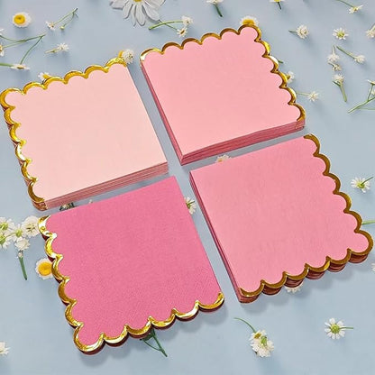 100 pack Pink Mix Cocktail Napkins with Gold Foil Accents Scalloped Edges 5 x 5 inch Beverage Disposable Napkin Party Decoration Wedding Bridal and Baby Shower Dinner Lunch Supplies
