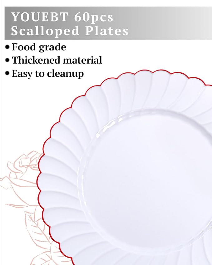 YOUBET 60PCS Red Scalloped Plastic Plates - Image 4