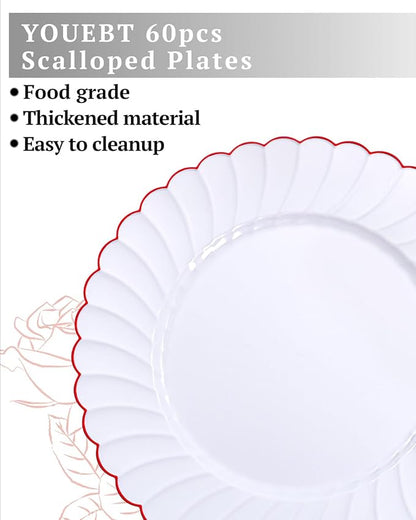 YOUBET 60PCS Red Scalloped Plastic Plates - Image 4