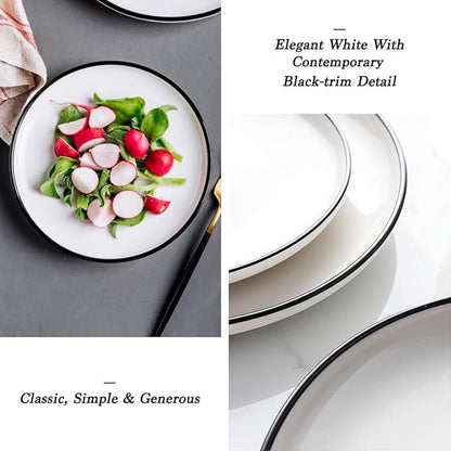 BonNoces 10 Inch Porcelain Dinner Plates, Elegant White with Black Edges Design, Classic Round Serving Plates Set for Steak, Pasta, and Salad, Set of 6