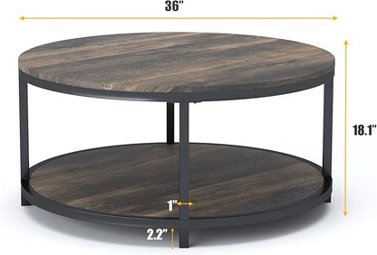 NSdirect 36 inches Round Coffee Table, Rustic Wooden Surface Top & Sturdy Metal Legs Industrial Sofa Table for Living Room Modern Design Home Furniture with Storage Open Shelf(Rustic Brown)