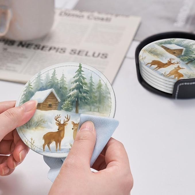 Winter Watercolor Blue Green Tree Cabin Deer Coasters - Image 5