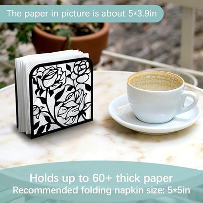 Rose Flower Decorative Black Metal Napkin Holder for Table, 4.9" x 4.9" x 1.9" Standing Napkin Holder for Home Kitchen Restaurant Picnic Party Coffee Bar Dining Room