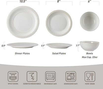 Famiware Garden Plates and Bowls Set, 12-Piece Dishes Set for 4, Scratch Resistant Kitchen Dishes Dinnerware Set - Microwave and Dishwasher Safe, Reactive Glaze and Embossed Stoneware, White