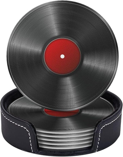 Drink Coasters with Holder Stand Set of 6, Phonograph Record Vinyl Pu Leather by Unknown