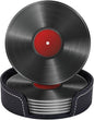 Drink Coasters with Holder Stand Set of 6, Phonograph Record Vinyl Pu Leather by Unknown
