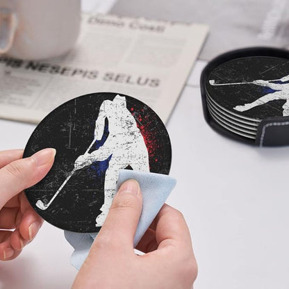 6 Pcs Vintage Ice Hockey Player Leather Coasters - Image 6