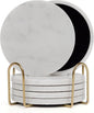 Carrara White Marble Coasters Set of 6 with Holder, Elegant Modern Round White Marble Drink Coasters for Coffee Table Decor, Semi Absorbent Stone Coaster for Drinks, Velvet Backed
