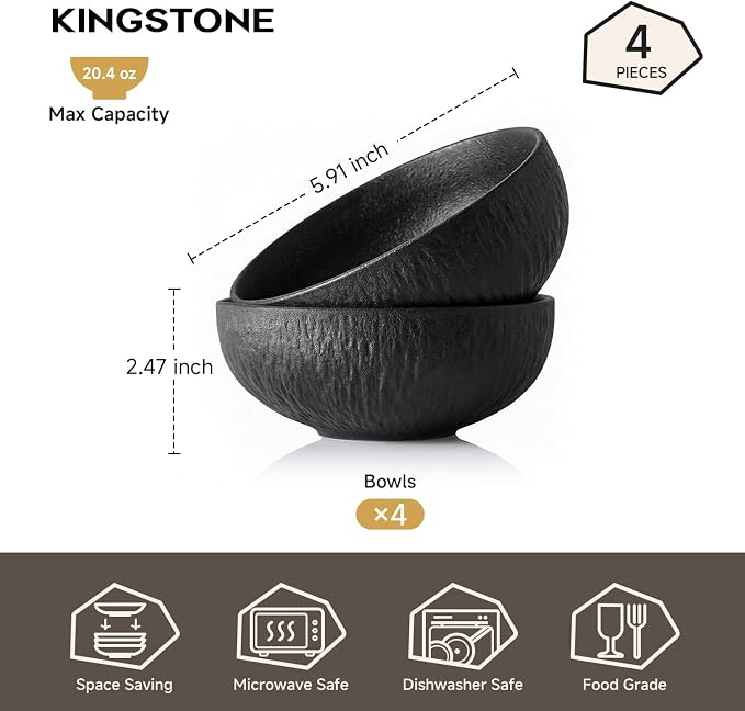 Bowl Set of 4, 20.4 oz Matte Marble Pattern Stoneware Soup Bowls | Black - Image 2