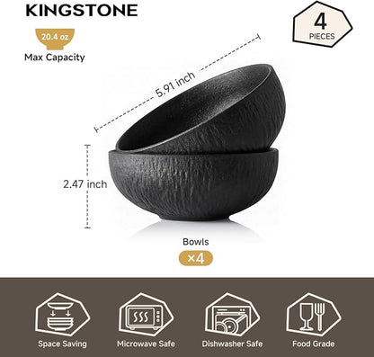 Bowl Set of 4, 20.4 oz Matte Marble Pattern Stoneware Soup Bowls | Black - Image 2