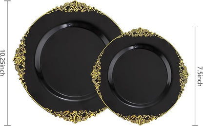 102PCS Black and Gold Plastic Plates - Black Disposable Plates - Heavyweight Disposable Plate with Gold Rim - Fancy Dinner & Dessert Plate for 51 Guests Weddings & Party