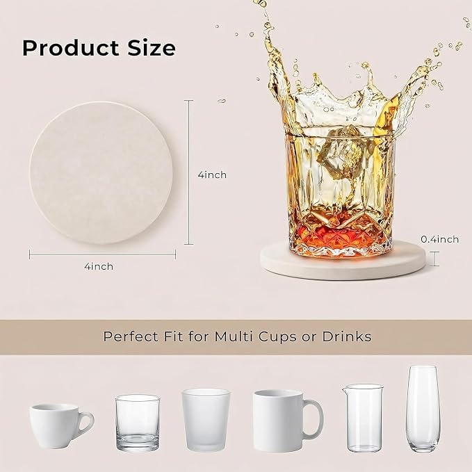 Beige-White Stoneware Coasters Set of 6 Water Absorbing Drink Coasters - Image 2