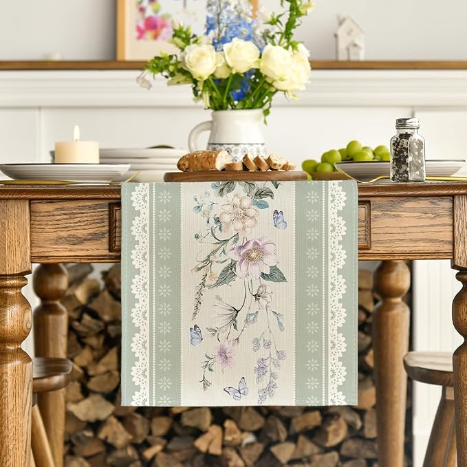 Artoid Mode Green Printed Lace Floral 210 GSM Spring Table Runner, Seasonal - Image 2
