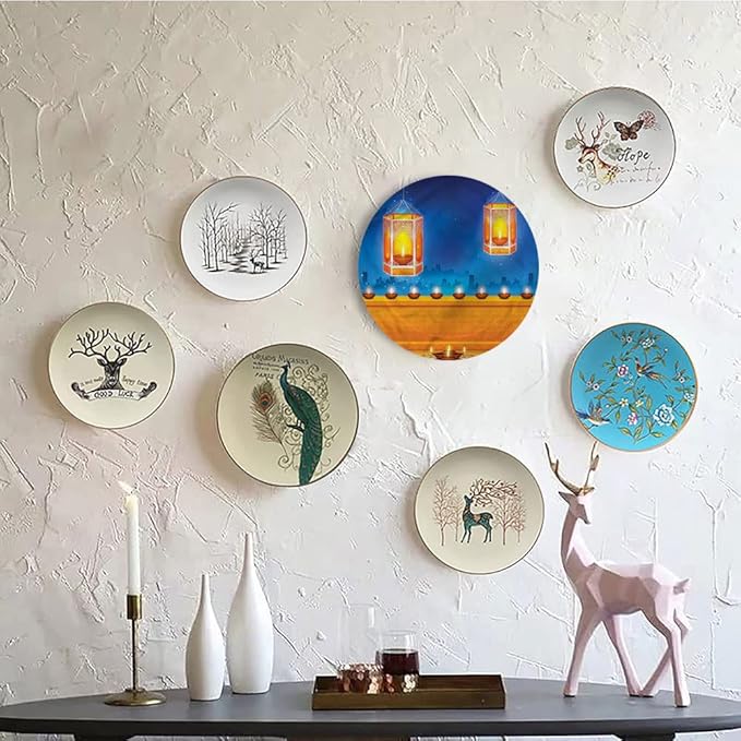 Decorative Plates, Diwali Print Ornament, Diwali Night Candles, 7 Inch, 1 Plate with 1 Display Stand, Multicolor