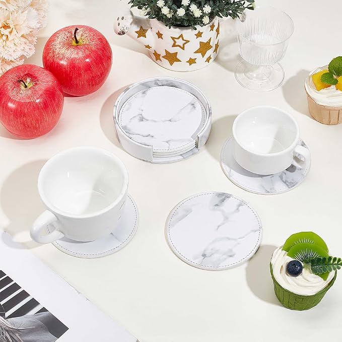 6PCS White Marble Non Slip PU Leather Coasters - Image 3