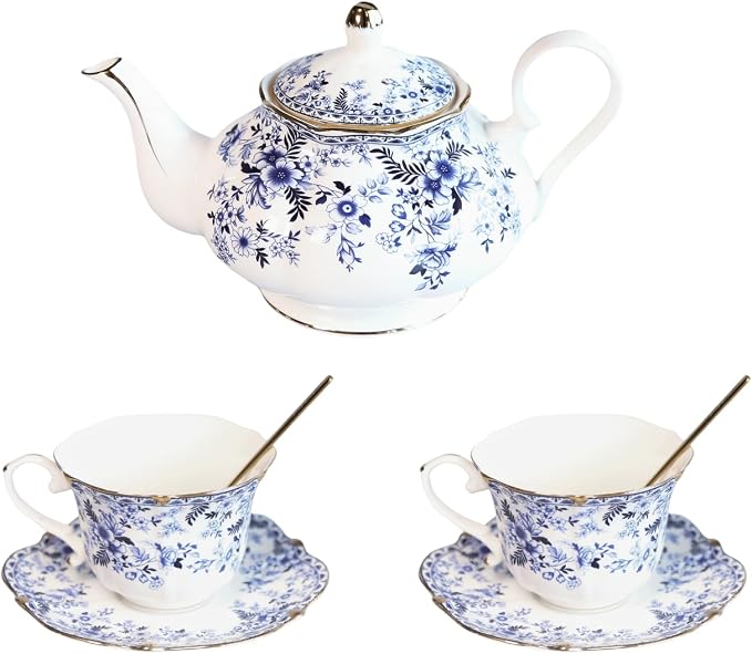 Vintage Porcelain Floral Tea Set — 22oz Teapot + 2 Tea Cup & Saucer Sets + 2 by Unknown