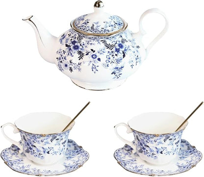 Vintage Porcelain Floral Tea Set — 22oz Teapot + 2 Tea Cup & Saucer Sets + 2 by Unknown