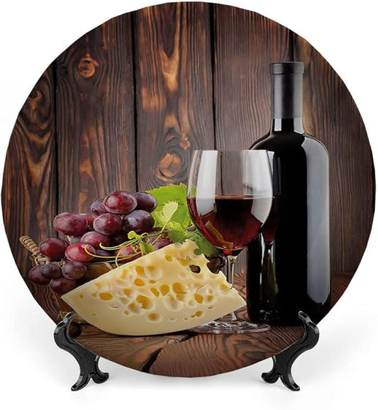 Ceramic Display Plate, Wine Ceramic Hanging Decorative Plate, Red Wine Cabernet Bottle and Glass Cheese and, 10 Inch, Household Custom Ceramic Plate, Brown Burgundy Cream