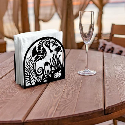 Seahorse and Coral Decorative Black Metal Napkin Holder for Table, 4.9" x 4.9" x 1.9" Ocean Standing Napkin Holder for Home Kitchen Restaurant Picnic Party Coffee Bar Dining Room