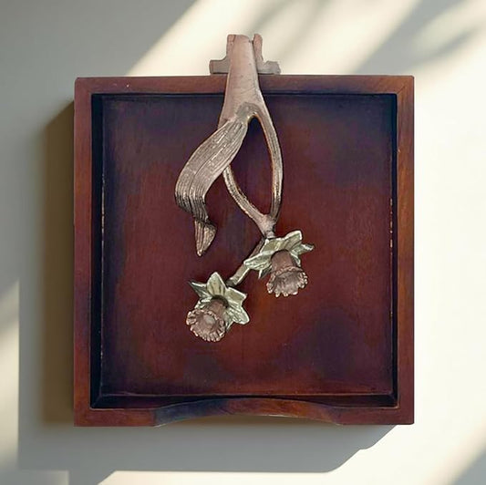 Napkin Holder - Solid Wood Brown Finish Home Decor & Kitchen Decor Table Countertop Serviette & Tissue Holder with Metal Ornament Arm in Rose Gold Finish - Indoor and Outdoor Use - Floral Design