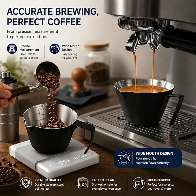 2Pc Espresso Measuring Cups, Double Spouts Stainless Steel, 4.06OZ | Silver 1pc - Image 4