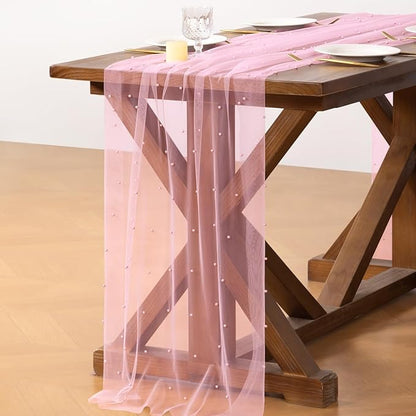 Pearl Table Runner Summer Tulle Gauze Sheer Wedding Party Home Decor | Pink - Image 4