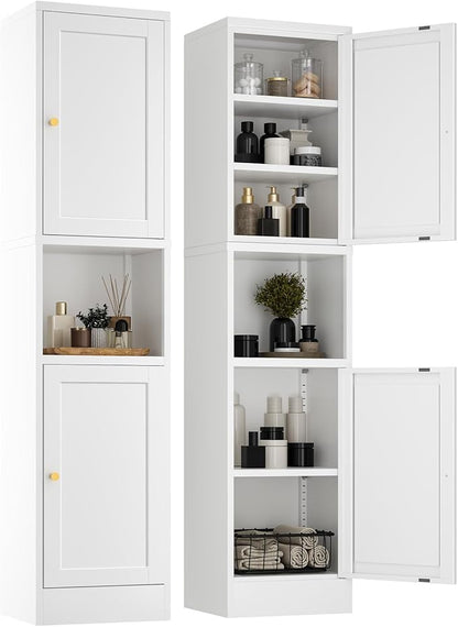 2-Door Metal Storage Cabinet, Tall Slim Pantry Organizer with 3 Adjustable Shelves (120LBS/Shelf), Anti-Tipping Waterproof Cabinet for Bathroom/Kitchen/Home Office/Small Spaces, (1PC,White)