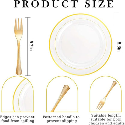 DaYammi 240Pcs Dessert Plates Include 120Pcs Gold Cake Plates 6.3inch with 120Pcs Gold Plastic Forks 5.7inch,Clear gold plates Disposable Salad Plate for Party Appetizer Plate for Wedding Birthday