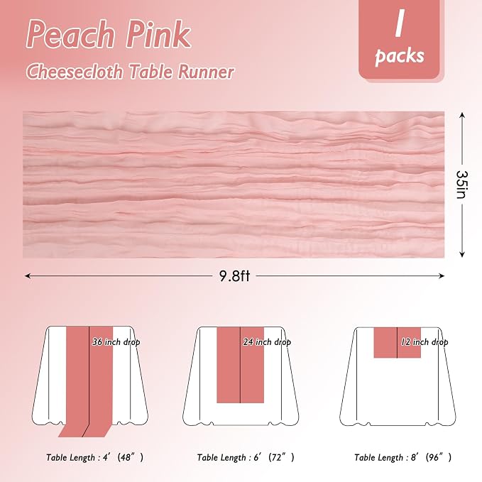 8 Pack Peach Pink Cheesecloth Table Runner 120 Inch Boho Wedding Decor | - Image 2